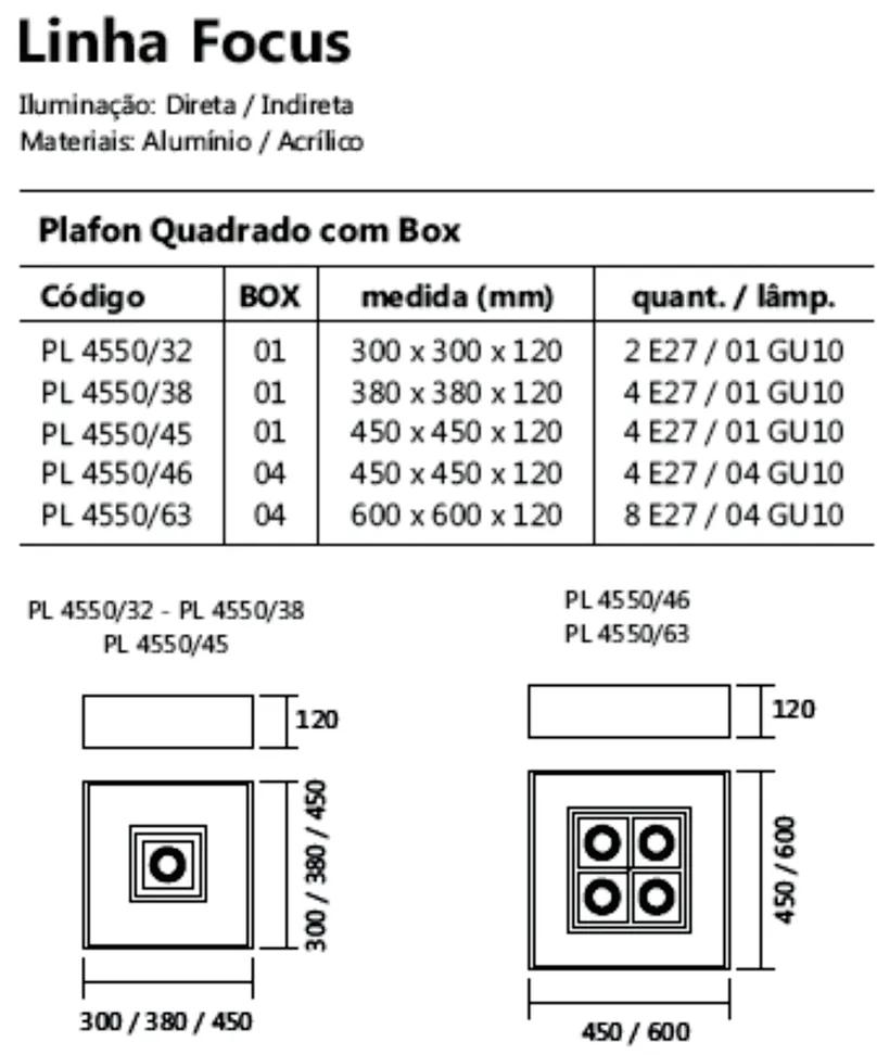 Plafon De Sobrepor Quadrado Focus C/ 01 Box 45X45X12Cm 4L E27 / 1L Gu1... (AV-M - Avelã Metálico)