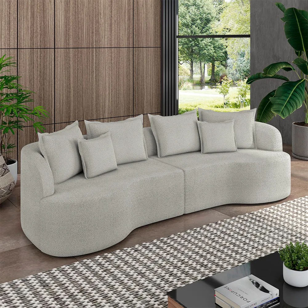 Sofá Living Decorativo Salinas 3 Lugares com Almofadas 250cm Modulado Bouclê Cinza G33 - Gran Belo