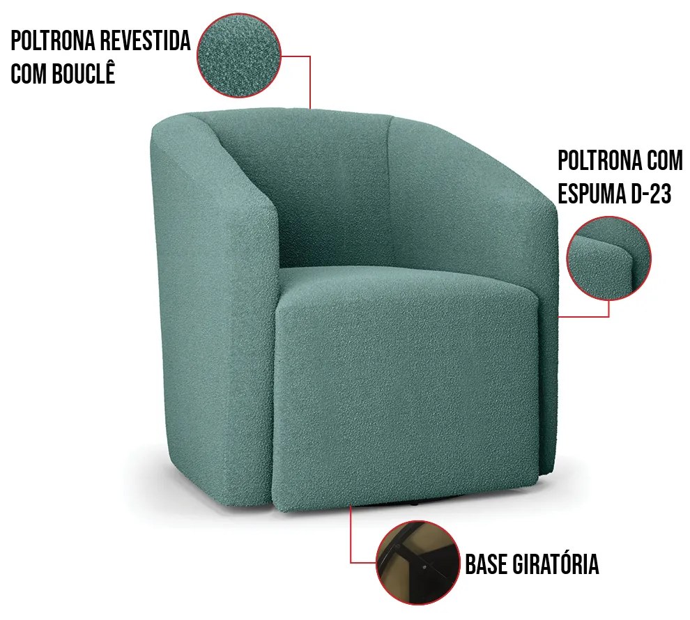 Poltrona Sala de Estar Base Giratória Stella Max Bouclê D03 - D'Rossi - Verde Menta