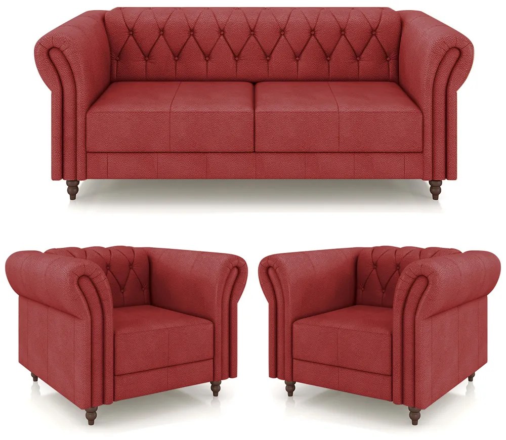 Conjunto Sala de Estar 1 Sofá Living 200cm e 2 Poltronas Stanford Chesterfield Pés Madeira Couro Vermelho G58 - Gran Belo