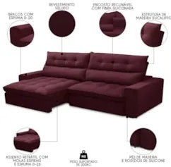 Sofá Retrátil Reclinável 3 Lugares 250cm Damy F05 Veludo Bordô - Mpoze
