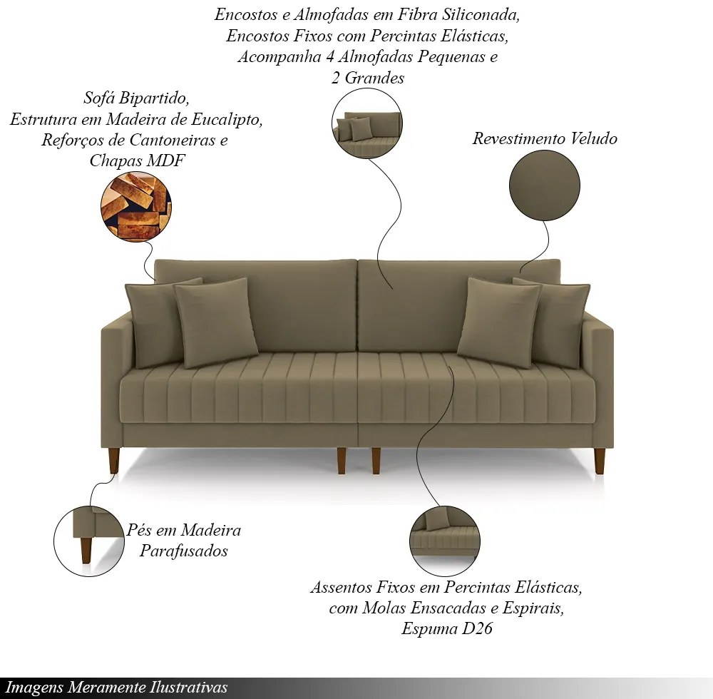 Sofá Living Decorativo Hamburgo Bipartido 2 Lugares 216cm com Almofadas Pés em Madeira Veludo Castor G33 - Gran Belo