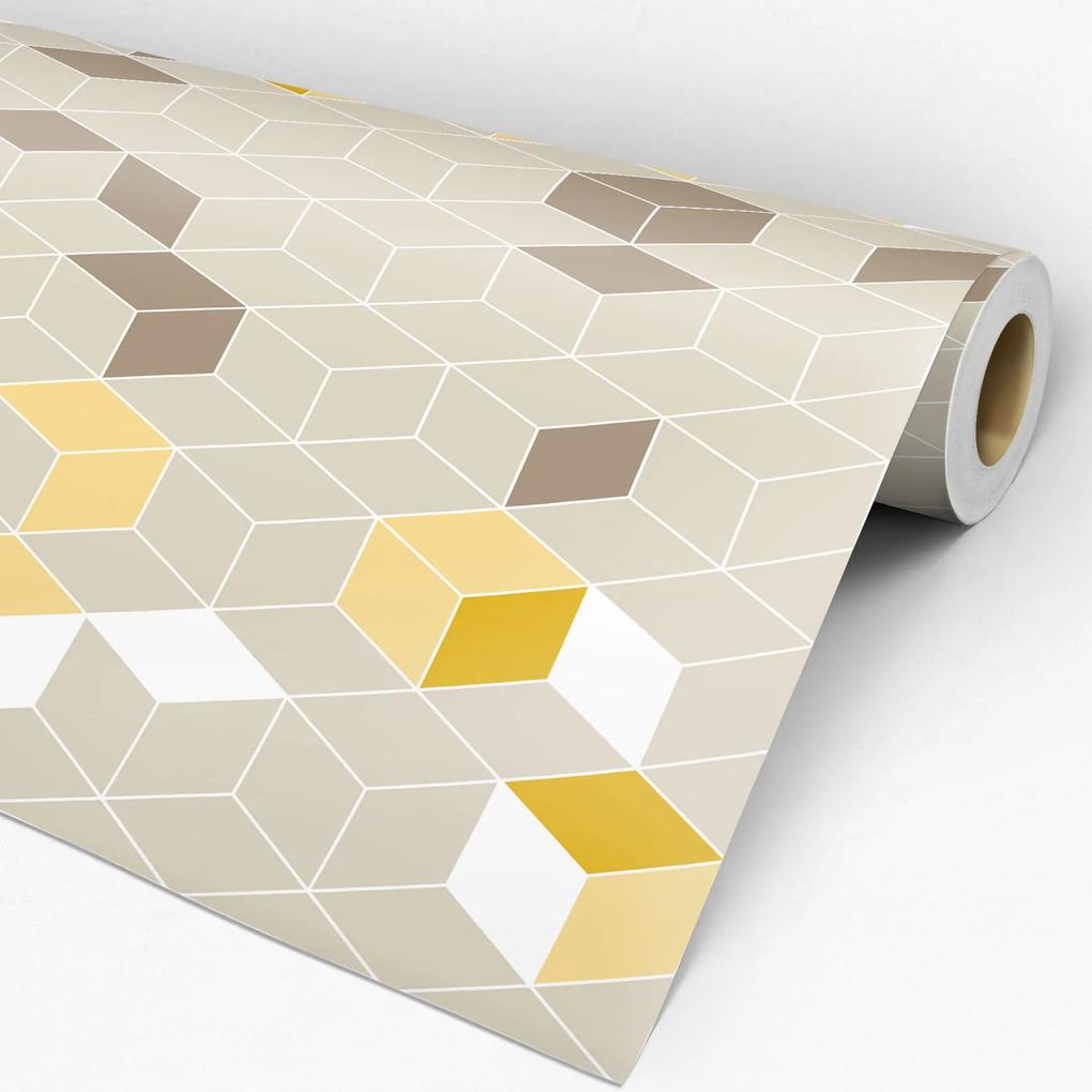 Papel de parede adesivo cubos marrom amarelo e branco