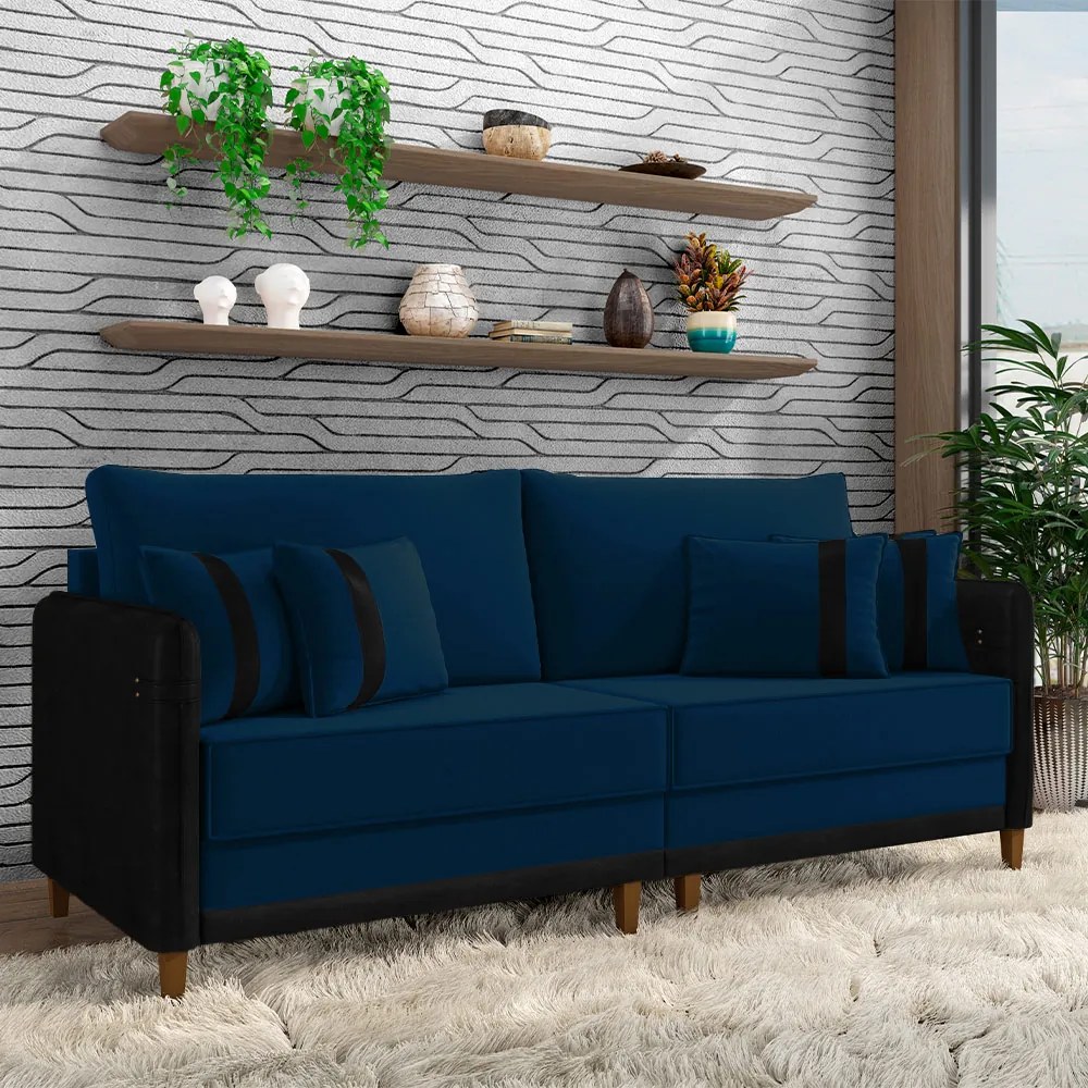 Sofá Living Montecarlo 2 Lugares Bipartido 212cm Pés em Madeira Veludo/PU Azul/Preto G33 - Gran Belo