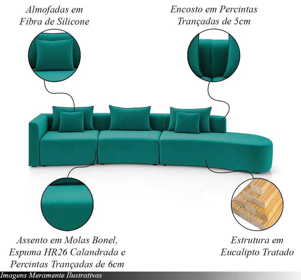 Sofá Curvo Decorativo Kimiko 437Cm 5 Lugares Sala de Estar com Chaise Veludo Azul Tiffany G52 - Gran Belo