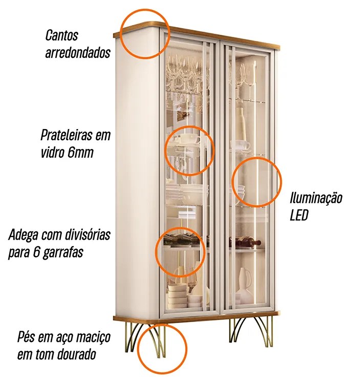 Cristaleira de Vidro com Espelho e LED Lucie H01 - D'Rossi - Off White e Cinamomo