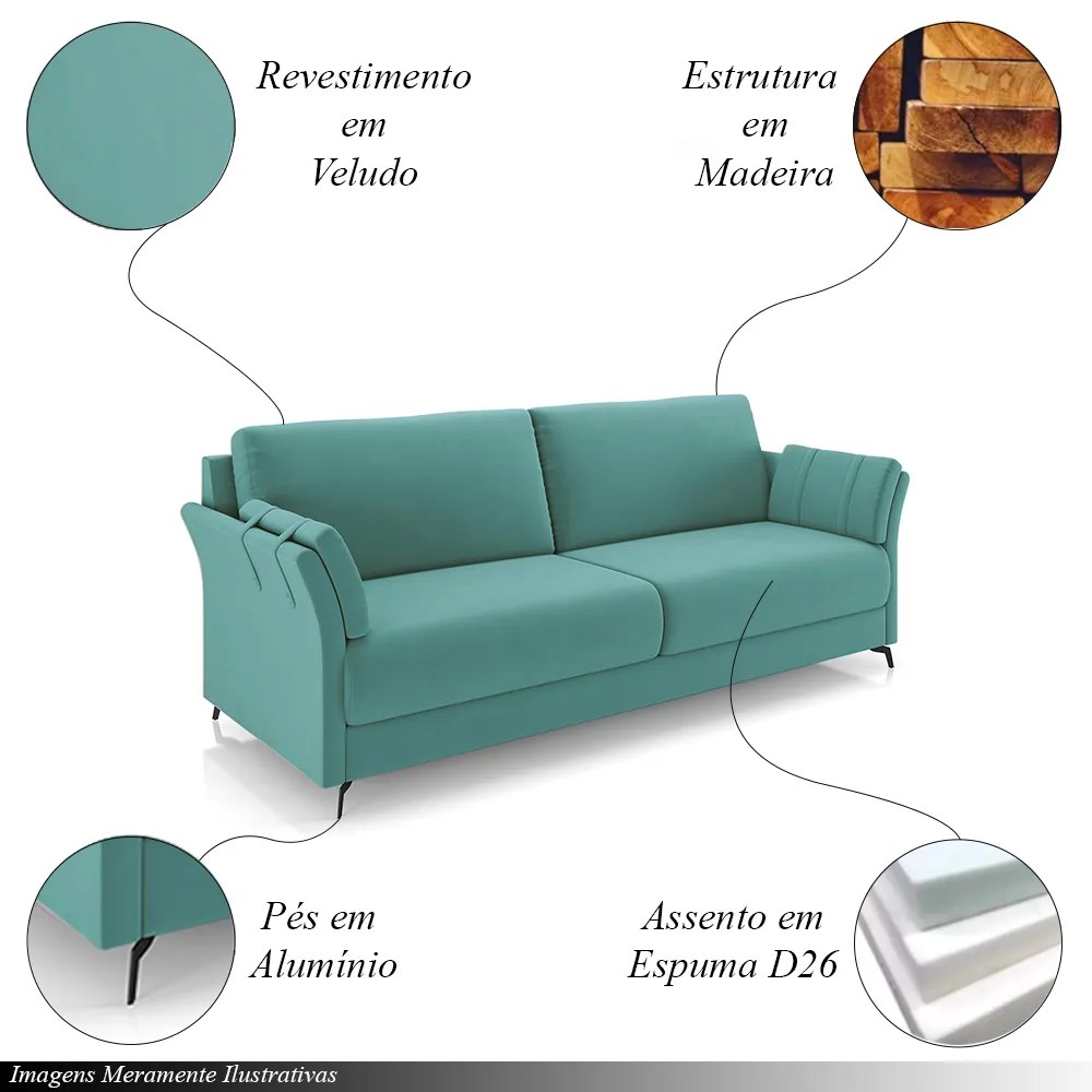 Conjunto Poltrona e Sofá Decorativo Violet 2 Lugares 164cm Pés em Alumínio Preto Veludo Azul Turqueza G45 - Gran Belo