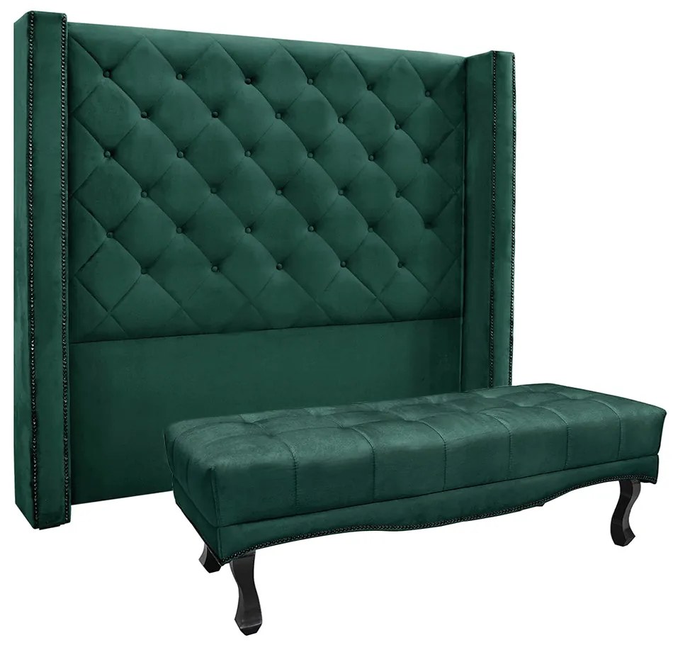 Cabeceira Cama Box Casal 140cm e Recamier Vicenza Veludo Verde S04 - D'Rossi
