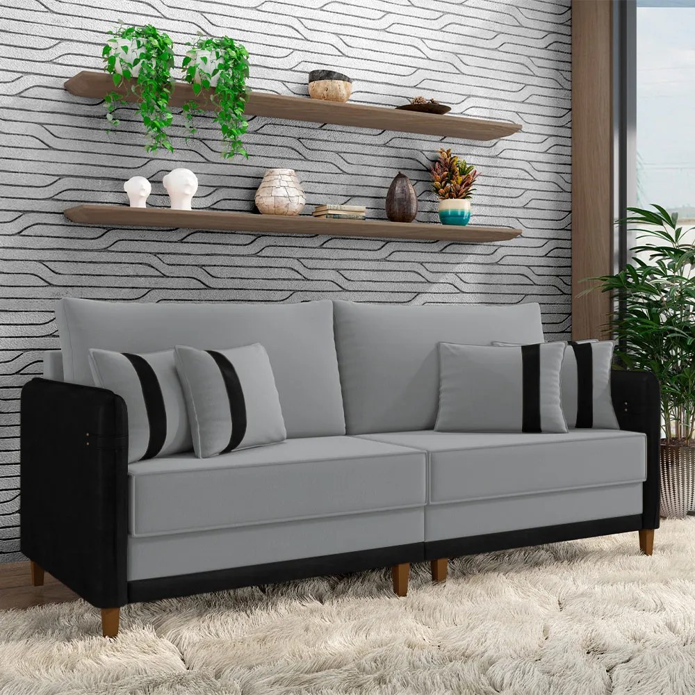 Sofá Living Montecarlo 3 Lugares Bipartido 252cm Pés em Madeira Veludo/PU Cinza/Preto G33 - Gran Belo