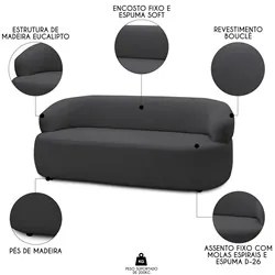 Sofá 3 Lugares Living Orgânico Sala de Estar 170cm Conka F05 Bouclê Gr