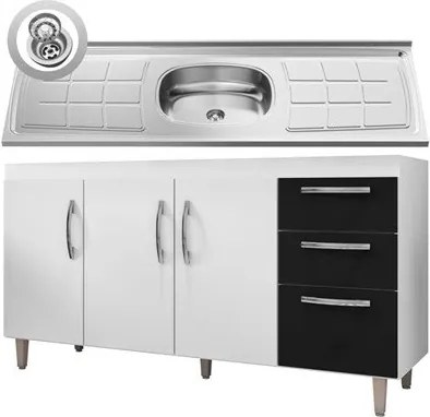 Balcão Gabinete Pia Inox 150cm Elisa 4 Portas Branco/Preto - AJL Móveis