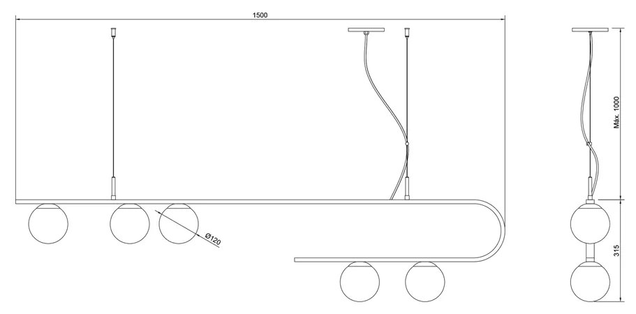 Pendente Dama 150X30Cm 3Xg9 / Cabo Aço Chumbador + Cabo Rayon / Globo... (MT-M Mate Metálico, CLEAR)