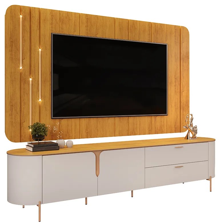 Painel com Bancada Celine Pés Metalicos em Dourado 241cm com LED Off White/Mel G18 - DJ Móveis