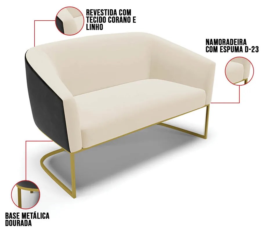 Namoradeira 2 Poltronas Industrial Dourado Stella Pto/Linho D03 - D'Rossi - Bege