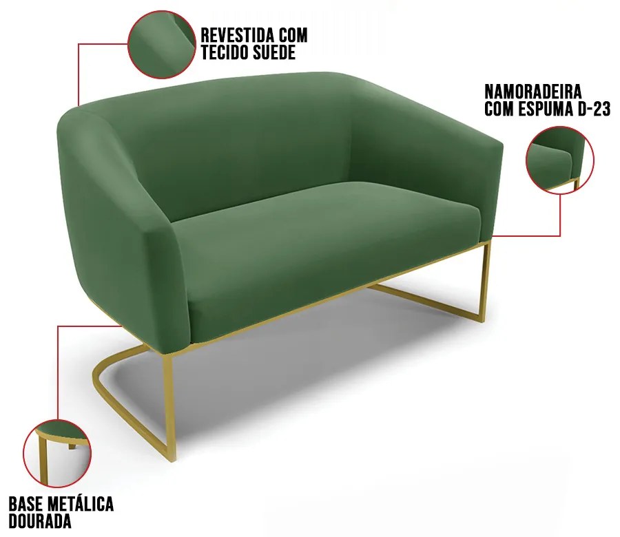 Sofá 2 Lugares Namoradeira Industrial Dourado Stella Suede D03 - D'Rossi - Verde