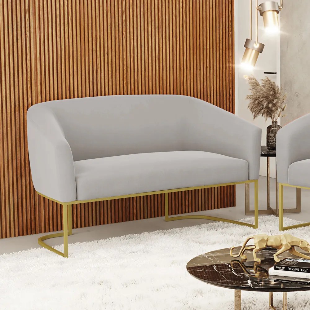 Sofá 2 Lugares Namoradeira Industrial Dourado Stella Veludo D03 - D'Rossi - Cinza