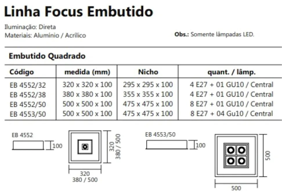 Luminária De Embutir Focus Quadrado C/ Aba 4Xe27 + 1Xmr16 38X38X10Cm |... (CP-M - Champagne Metálico)