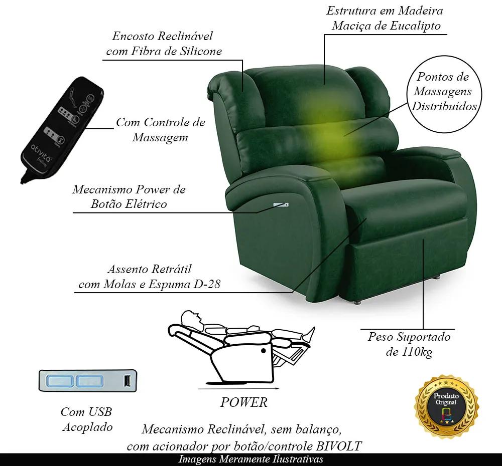 Poltrona do Papai Sala de Cinema Reclinável Kylie Elétrica Botão com Led Massagem USB PU Verde Musgo G23