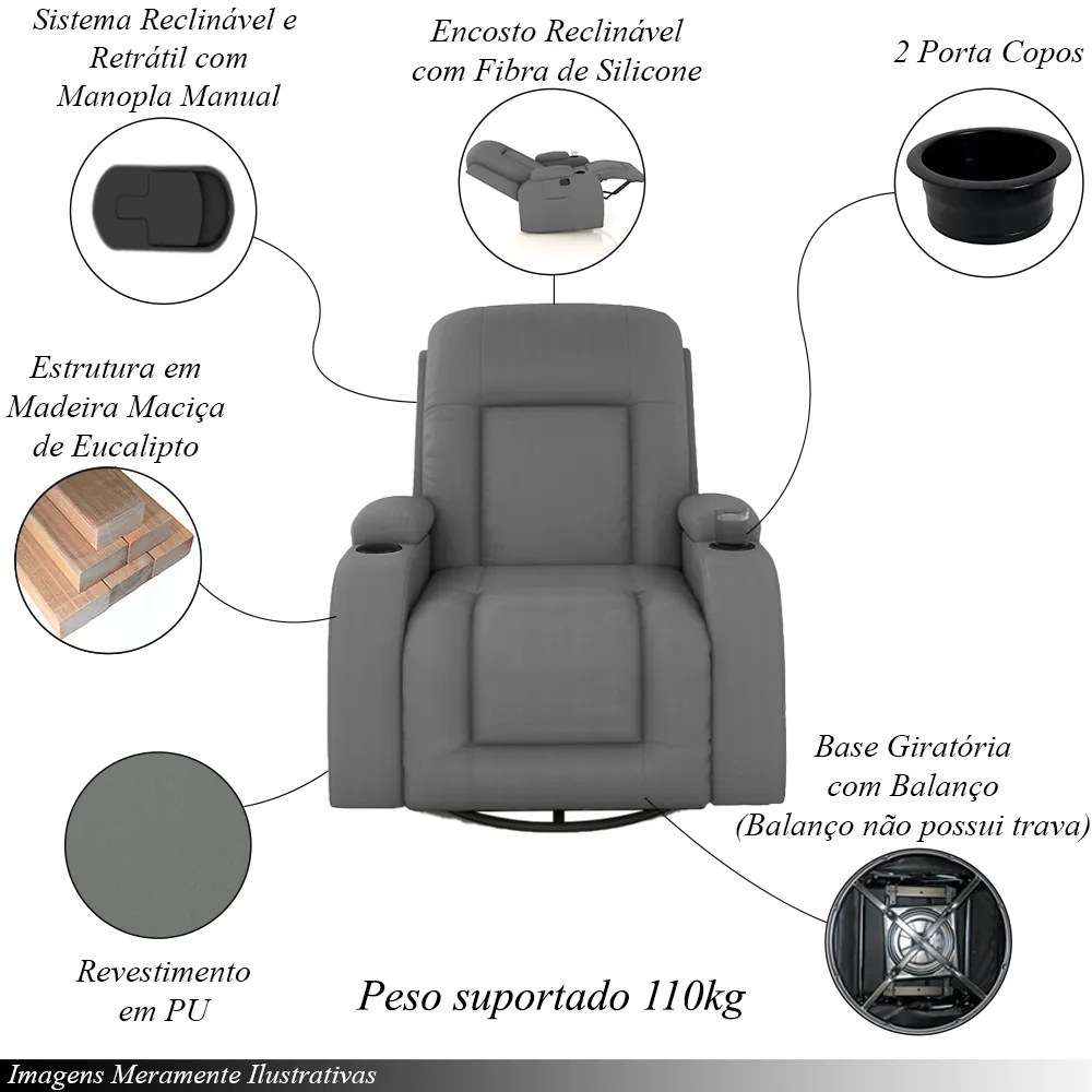 Poltrona do Papai Reclinável Giratória e Balanço Sala de Cinema Crihs Manual Glider PU Cinza G23 - Gran Belo