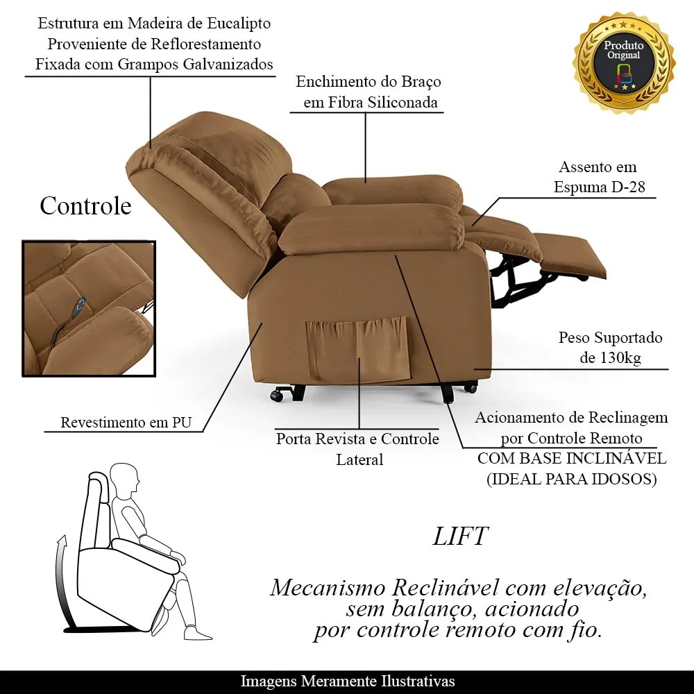 Poltrona do Papai Reclinável Melim Elevação Lift Elétrico PU Caramelo FH1 - D'Rossi