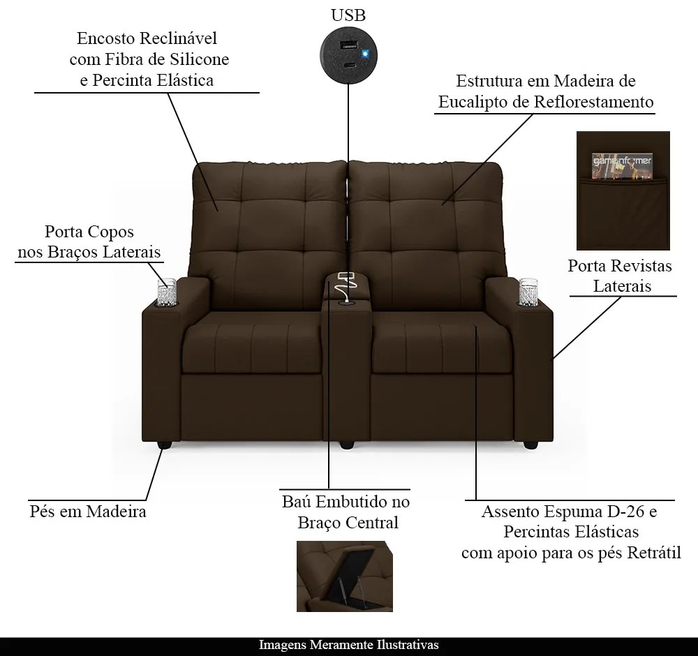 Poltrona Reclinável Para Cinema Parma 2 Lugares Baú USB Veludo Marrom FH1 - D'Rossi
