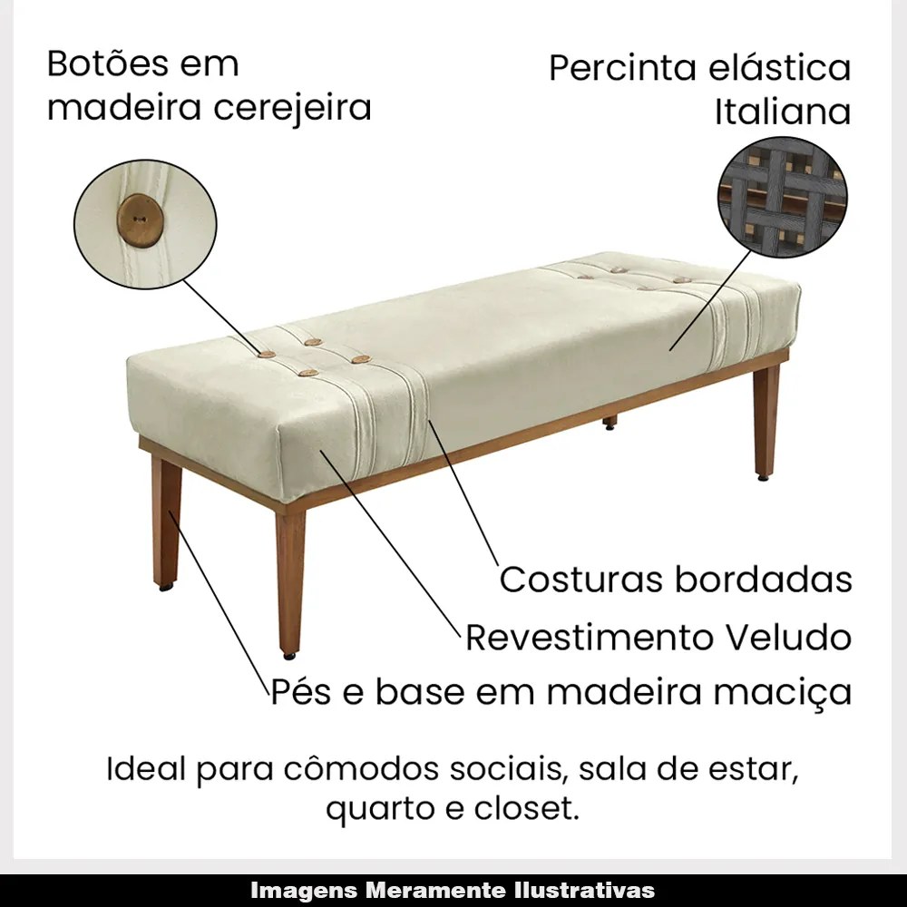 Recamier Decorativo 195cm Kors Veludo Pés de Madeira Bege G63 - Gran Belo