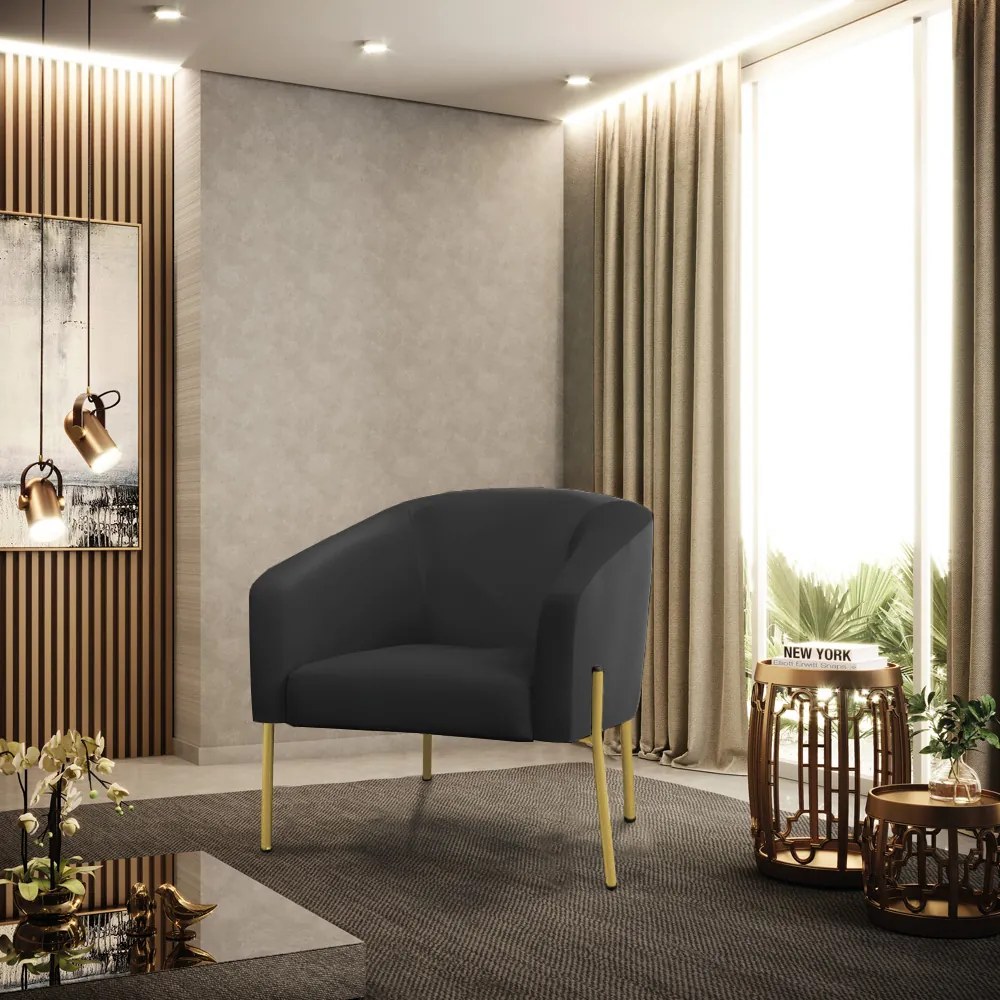 Poltrona Decorativa Pé de Ferro Dourado Kit 2 Stella Sintético D03 - D'Rossi - Preto