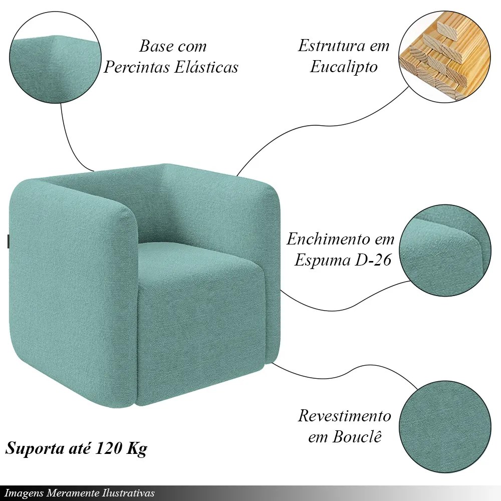 Kit 2 Poltronas Decorativas Sala de Estar Trinidad Base Fixa Bouclê Azul Turquesa G33 - Gran Belo