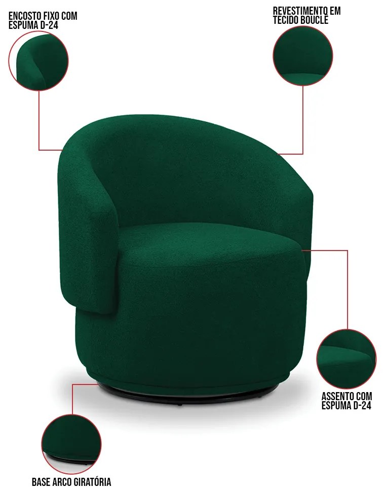 Poltrona Decorativa Orgânica Giratória Kit 2 Névoa Bouclê Verde E03 - D'Rossi