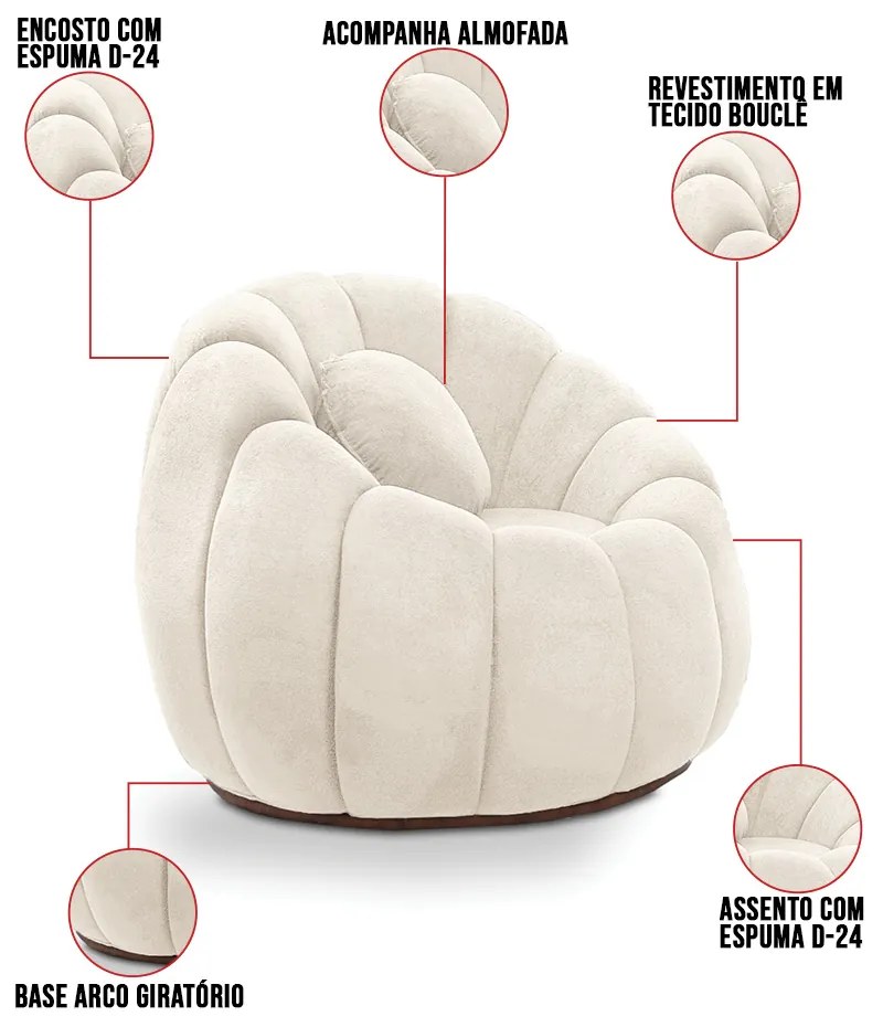 Poltrona Decorativa Orgânica Giratória com Puff Cloud Bouclê E03 - D'Rossi - Bege