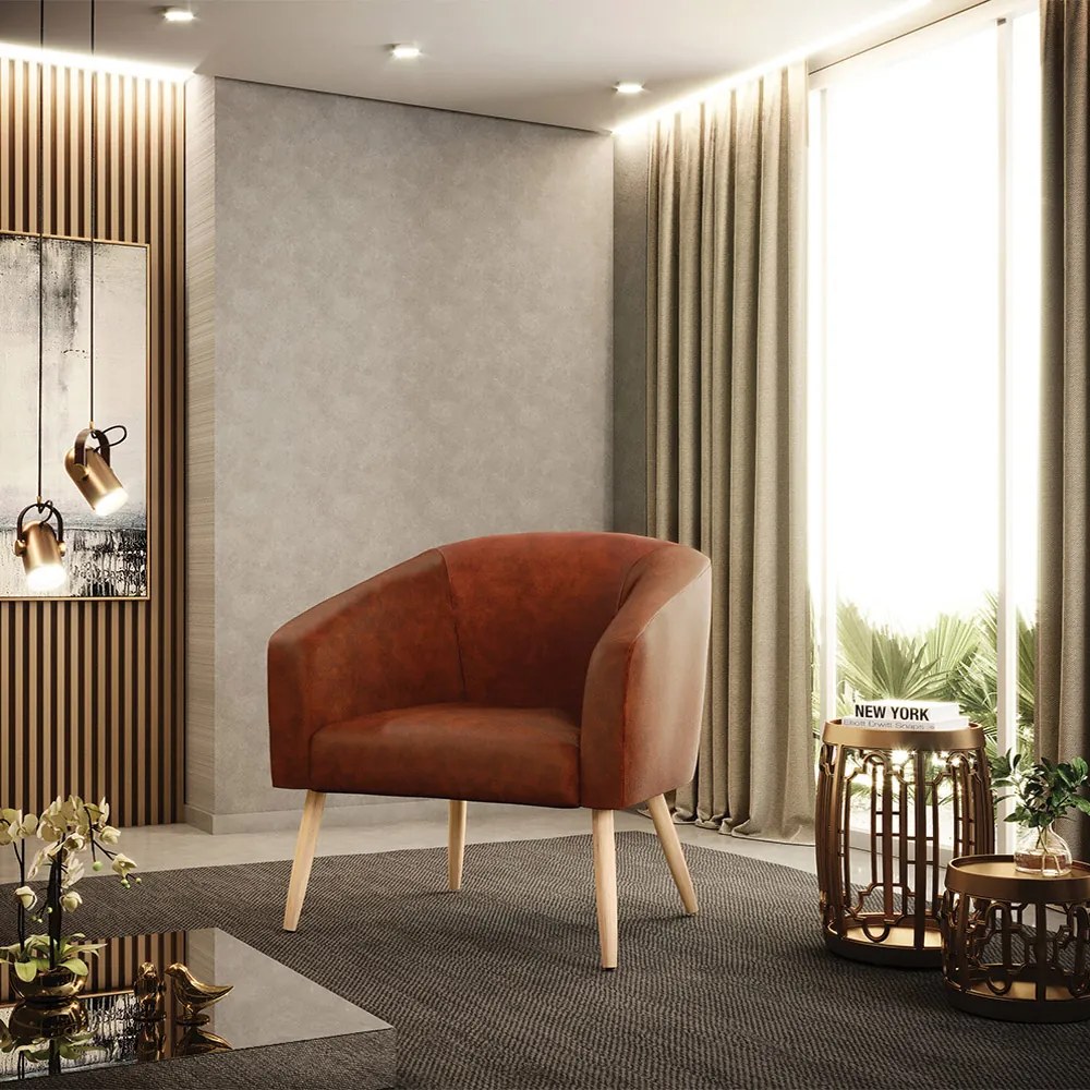 Poltrona Decorativa Pé Palito Natural kit 2 Stella Sintético PU Nozes D03 - D'Rossi