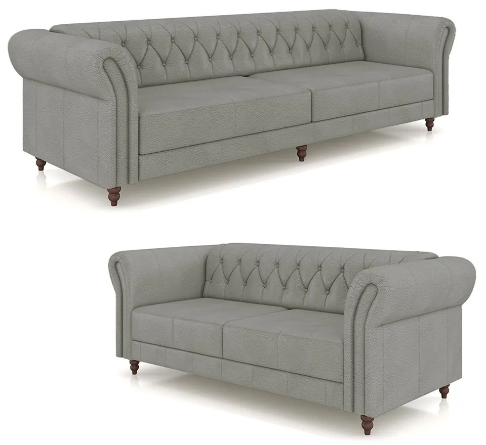 Conjunto de Sofá Sala de Estar Stanford Chesterfield 2 e 3 Lugares 200cm/240cm Pés Madeira Couro Cinza G58 - Gran Belo