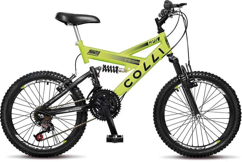 Bicicleta Infantil de Passeio Aro 20 Dupla Suspensão 21 Marchas Freio V-Brake GPS Quadro 15 Aço Amarelo Neon - Colli Bike