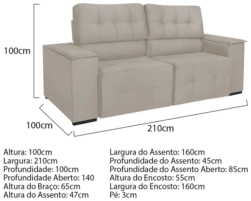 Sofá Cama Retrátil Sala Vicenza 210cm Linho