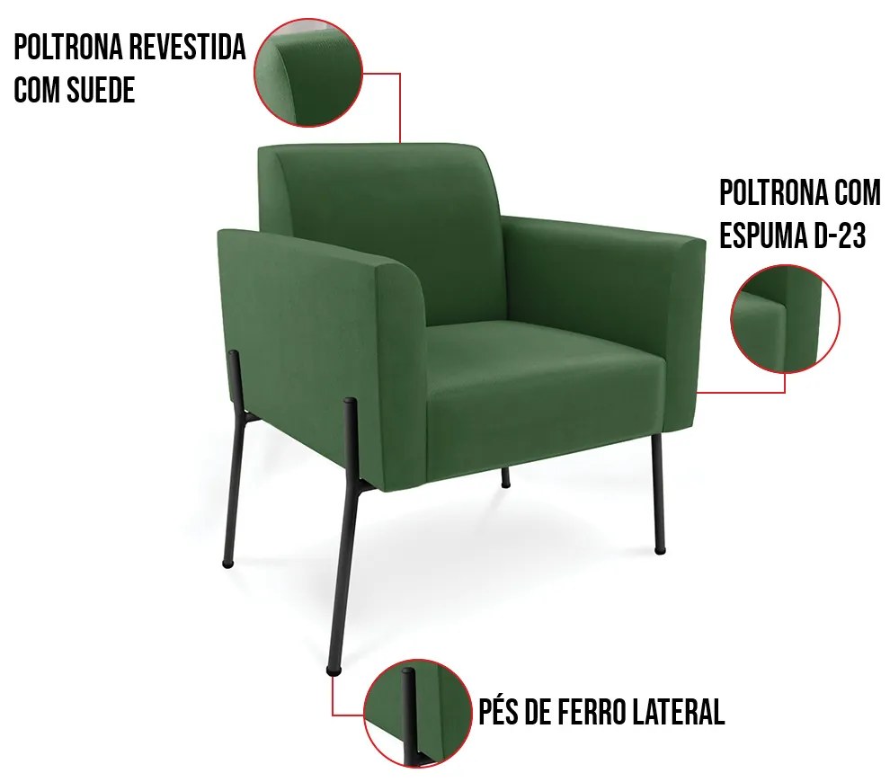 Poltrona Pé de Ferro Preto para Sala Kit 2 Marisa Suede Verde D03 - D'Rossi