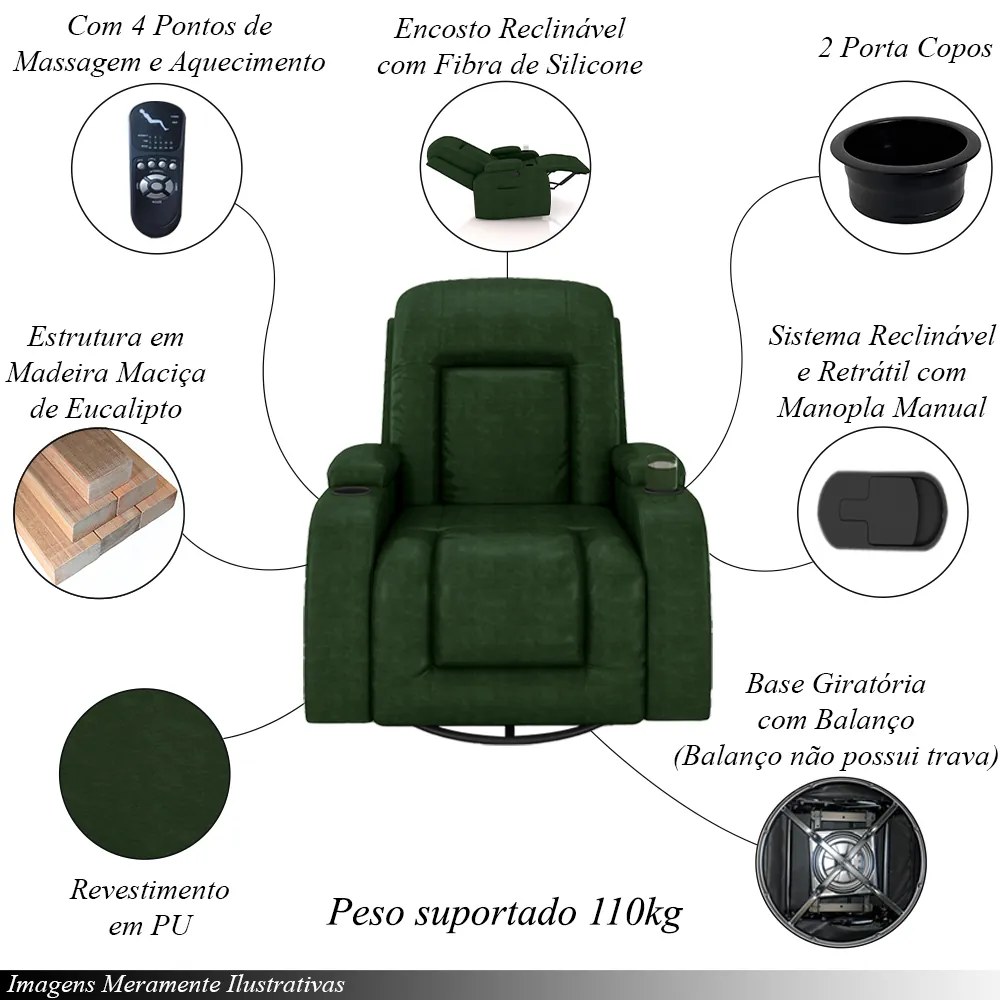 Poltrona do Papai Reclinável Giratória e Balanço Sala de Cinema Crihs com Massagem e Aquecimento PU Verde G23 - Gran Belo