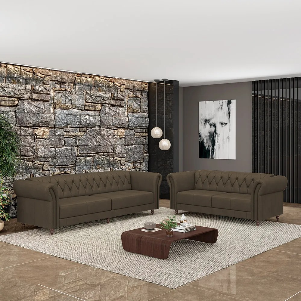 Conjunto de Sofá Sala de Estar Stanford Chesterfield 2 e 3 Lugares 200cm/260cm Pés Madeira Couro Capuccino G58 - Gran Belo