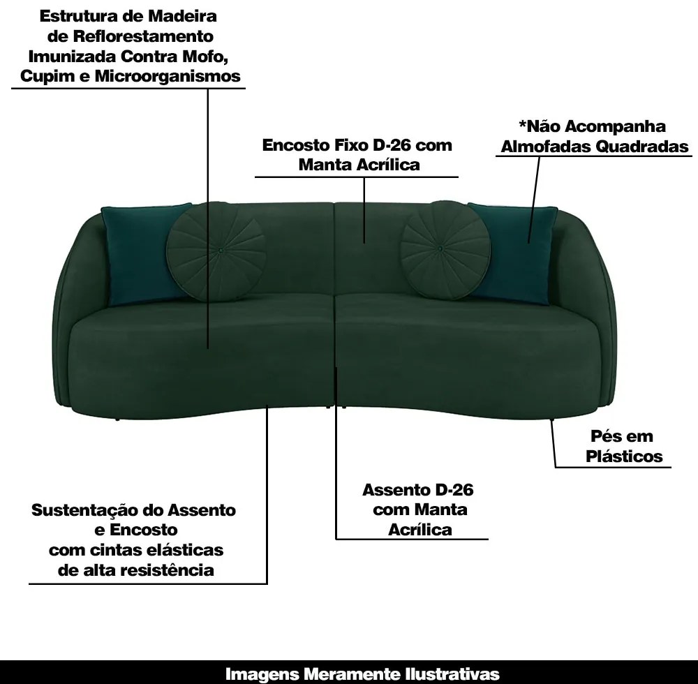 Sofá Decorativo 288cm com Almofadas Redondas Clarke Veludo Verde G45 - Gran Belo