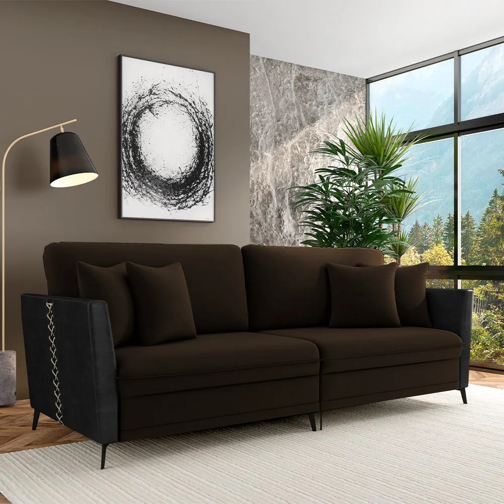 Sofá Living Decorativo Zagreb 3 Lugares 262cm com Almofadas Pés de Ferro Veludo/PU Marrom/Preto G33 - Gran Belo