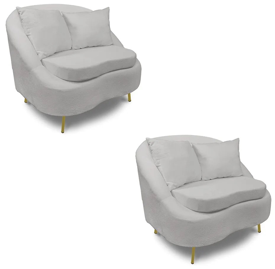 Poltrona Decorativa Orgânica Pé Ferro Dourado Kit 2 Zaya Bouclê Cinza C05 - D'Rossi