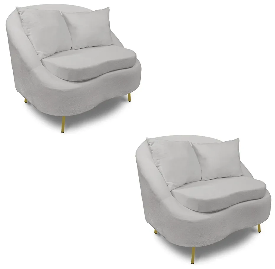 Poltrona Decorativa Orgânica Pé Ferro Dourado Kit 2 Zaya Bouclê Cinza C05 - D'Rossi