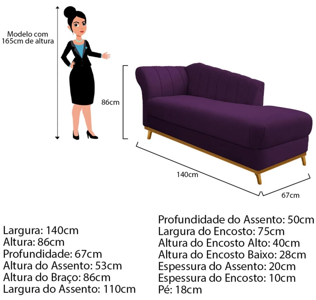 Recamier Vanessa 140cm Lado Direito Suede Roxo - ADJ Decor