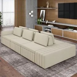 Sofá Ilha e Puff Sala Living 335cm Siesta M22 Linho Areia    - Mpozena