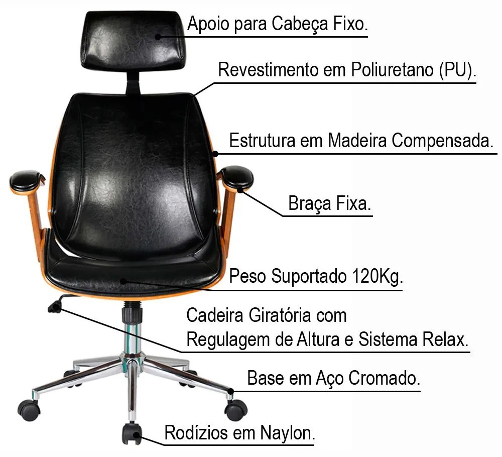 Cadeira de Escritório Presidente Giratória com Regulagem de Altura Akon PU Sintético Preto G56 - Gran Belo
