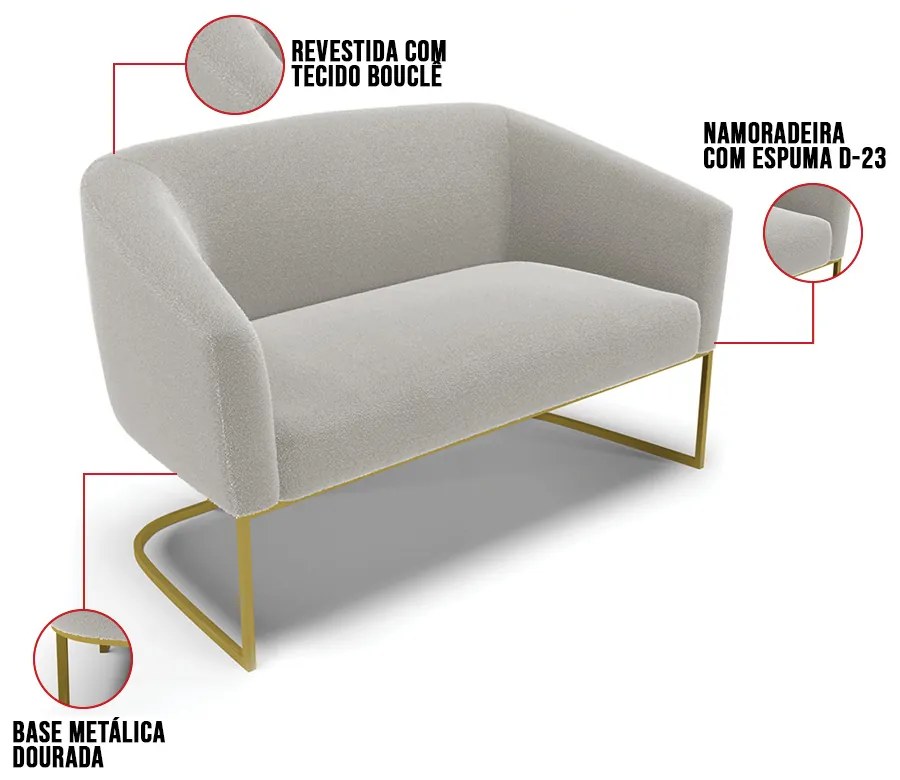 Namoradeira e 2 Poltronas Industrial Dourado Stella Bouclê D03 - D'Rossi - Cinza