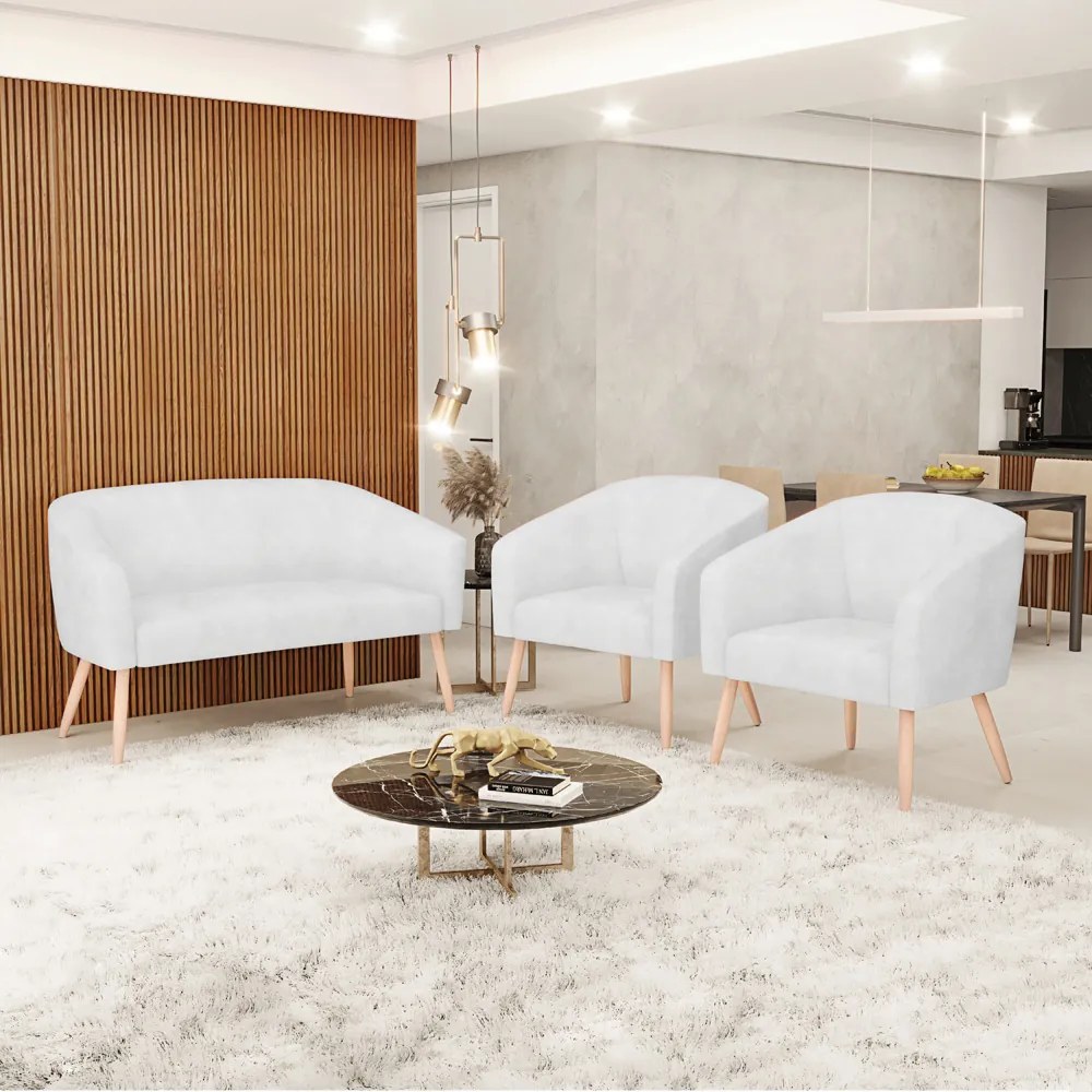 Namoradeira e 2 Poltronas Pé Palito Natural Stella Sintético PU Branco D03 - D'Rossi