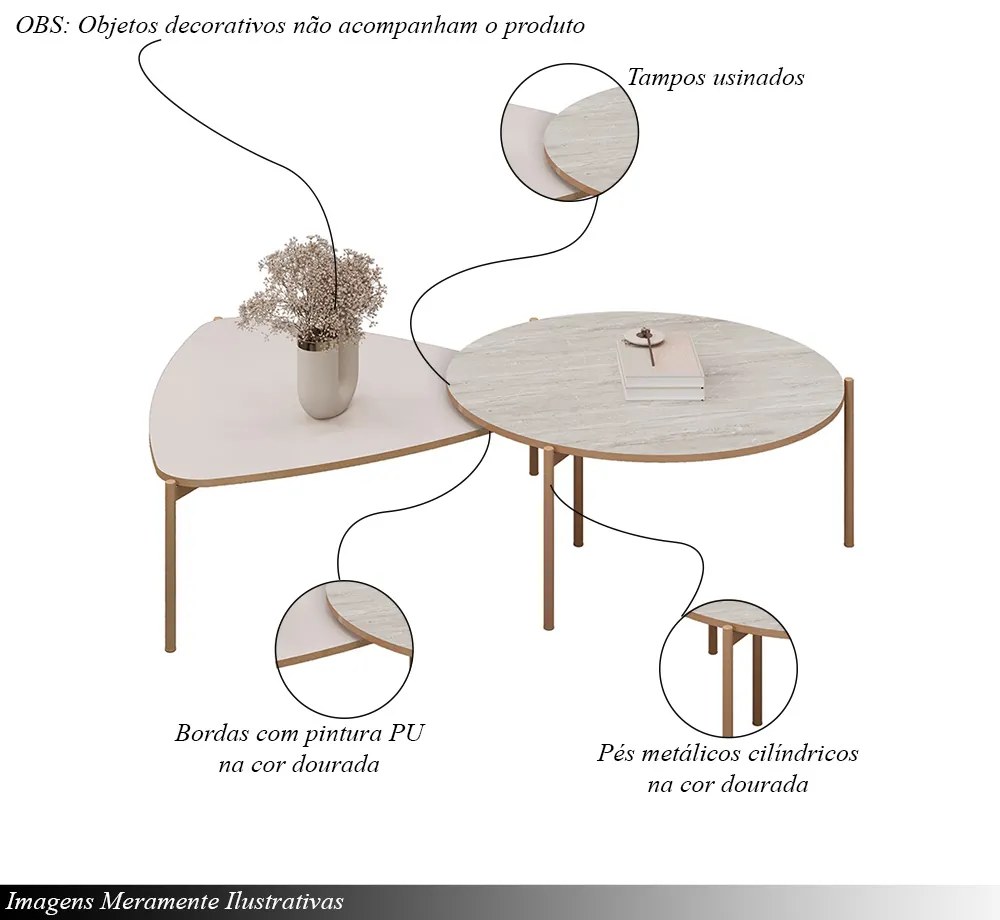 Conjunto Mesas de Centro Decorativas Oak e Dutton Pés Metálicos Dourados Off White/Quartzo G18 - Gran Belo