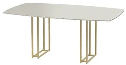 Mesa Jantar Line Tampo Com Vidro Off White Fosco Base Dourado 180cm - 70181 Sun House