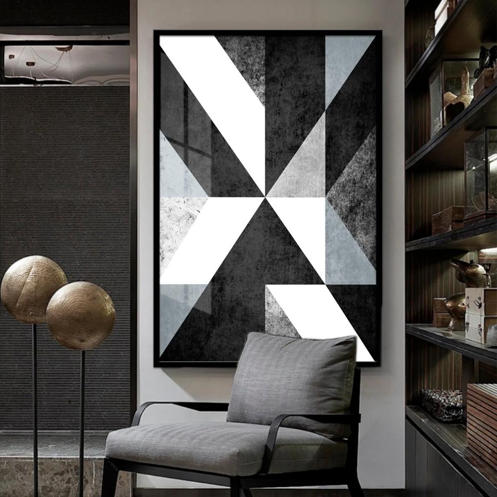 Quadro 150x100cm Abstrato Apollo Preto Branco Cinza Vidro Cristal e Moldura Preta Decorativo Interiores - Oppen House