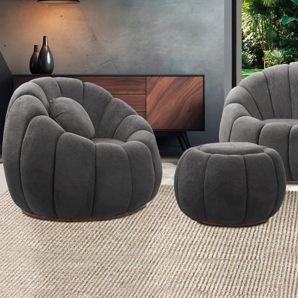 Poltrona Decorativa Orgânica Giratória com Puff Cloud Bouclê E03 - D'Rossi - Cinza escuro